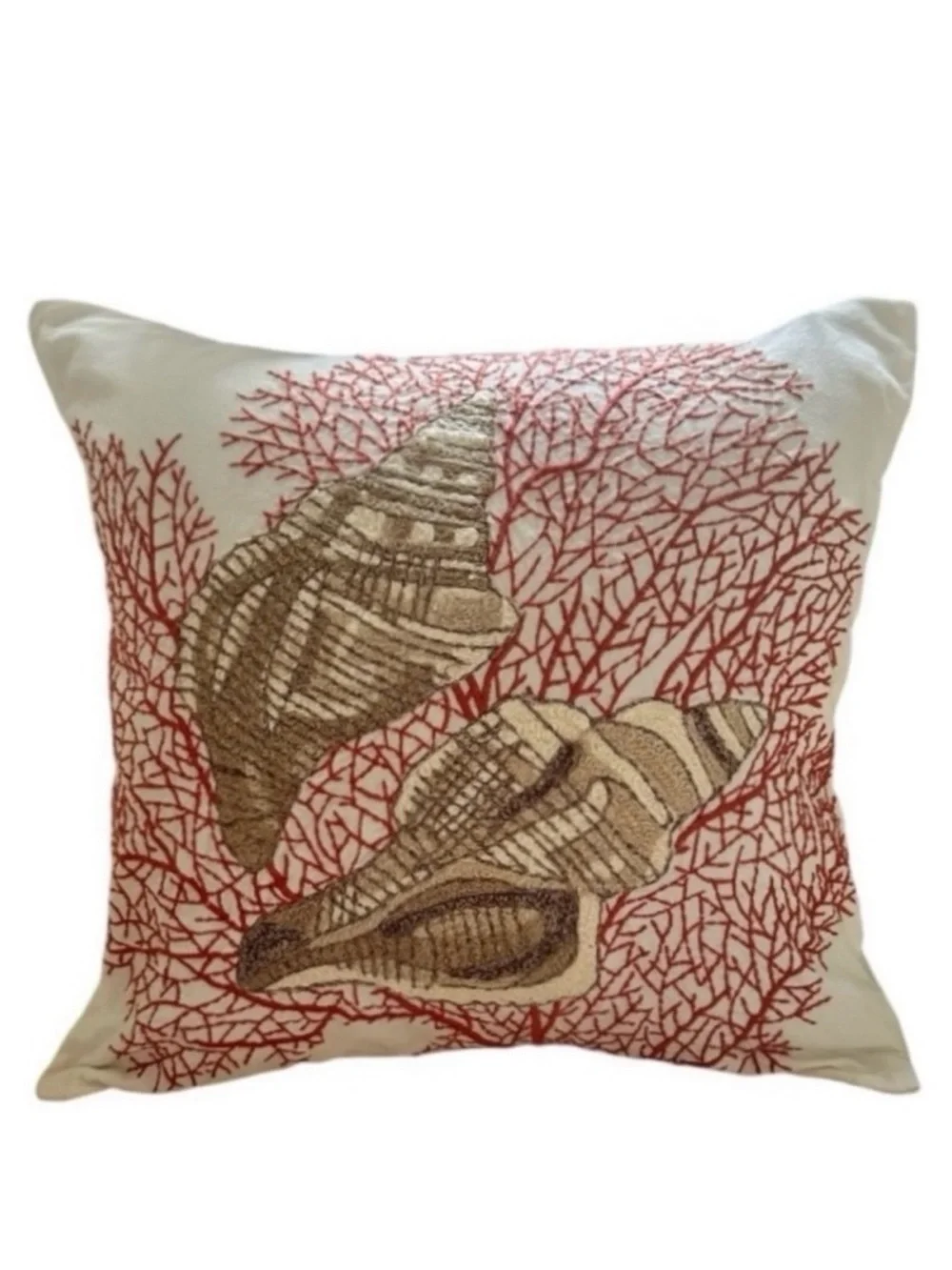 Pottery Barn Seashell and Coral Embroidered Pillow Cover 18”X18”